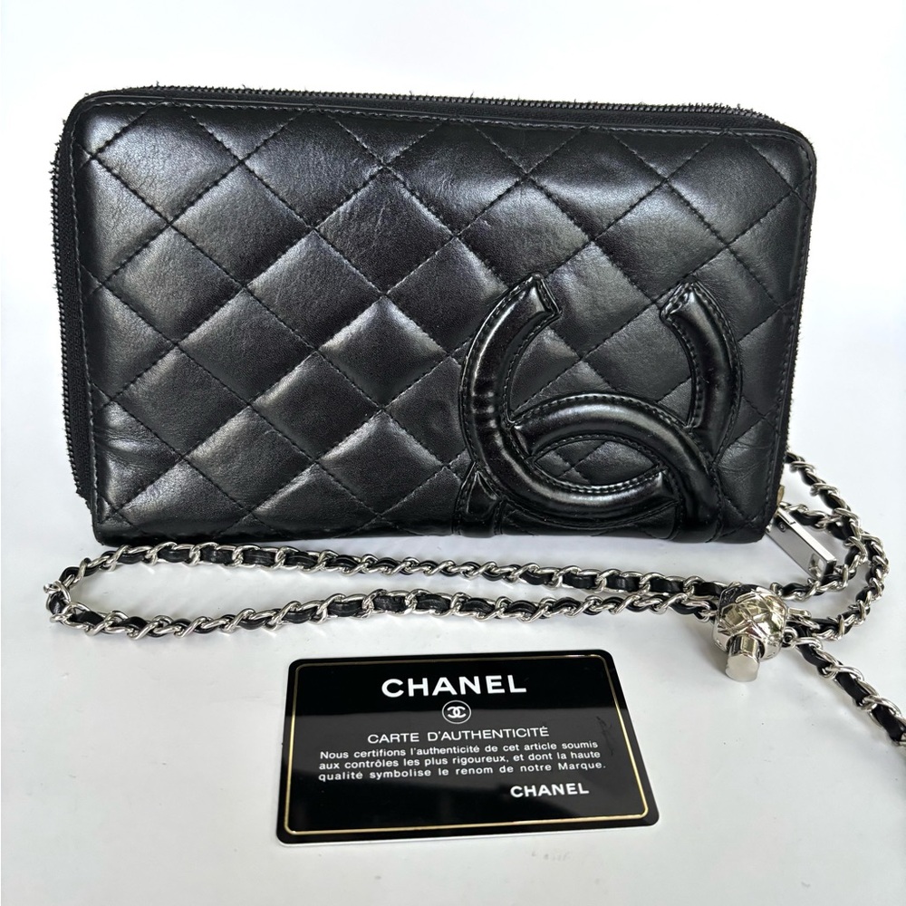 CHANEL Black Cambon Lambskin Leather Large Wallet on Chain w/ auth card